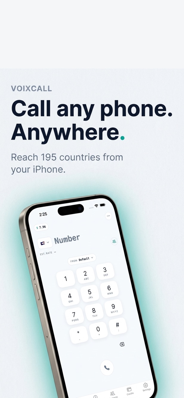 VoixCall app dialer with the live per-minute rate shown before you call