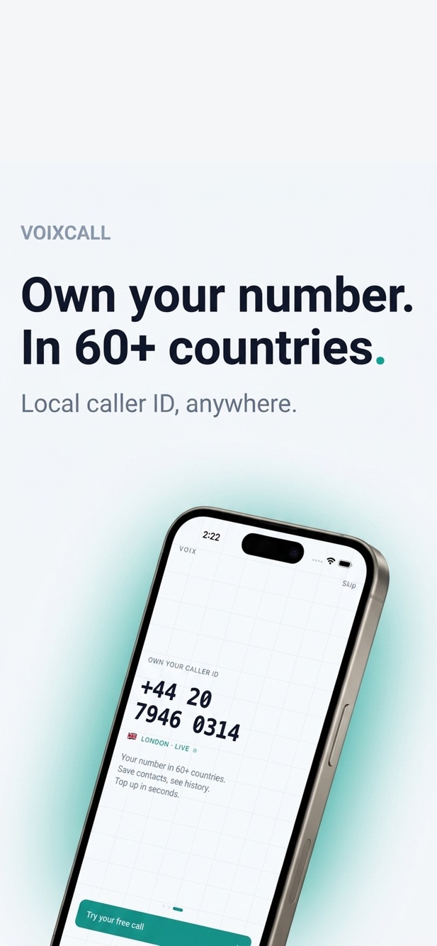 Own a local phone number in 60+ countries with VoixCall caller ID