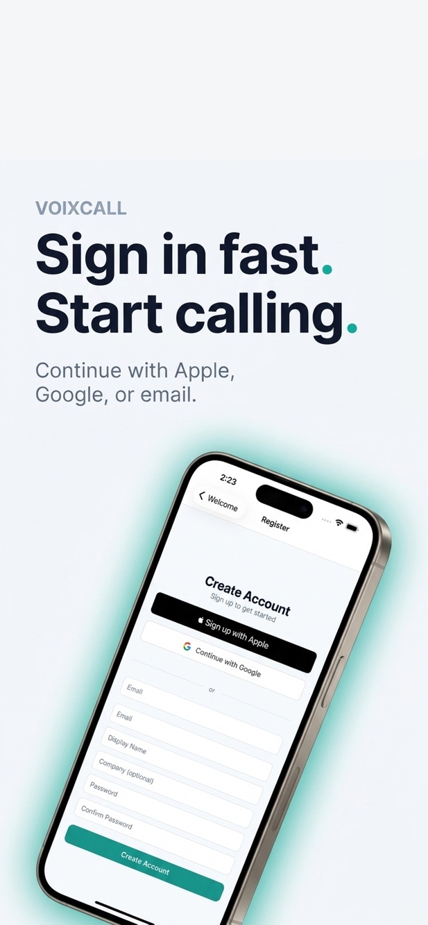 Sign in to VoixCall with Apple, Google, or email — first call free